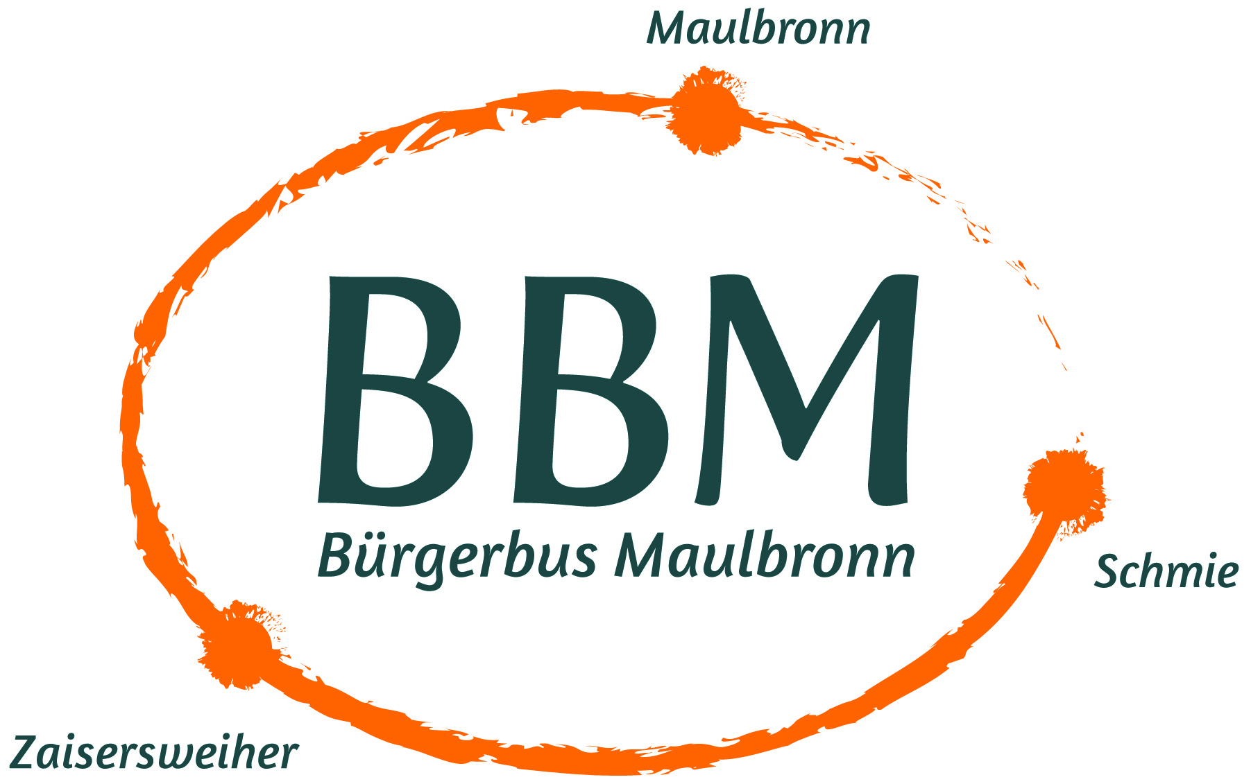 Schriftzug BBM Bürgerbuss Maulbronn mit einem Oval umrundet auf dem die Stadtteil Maulbronn, Schmie und Zaisersweiher vermerkt sind
