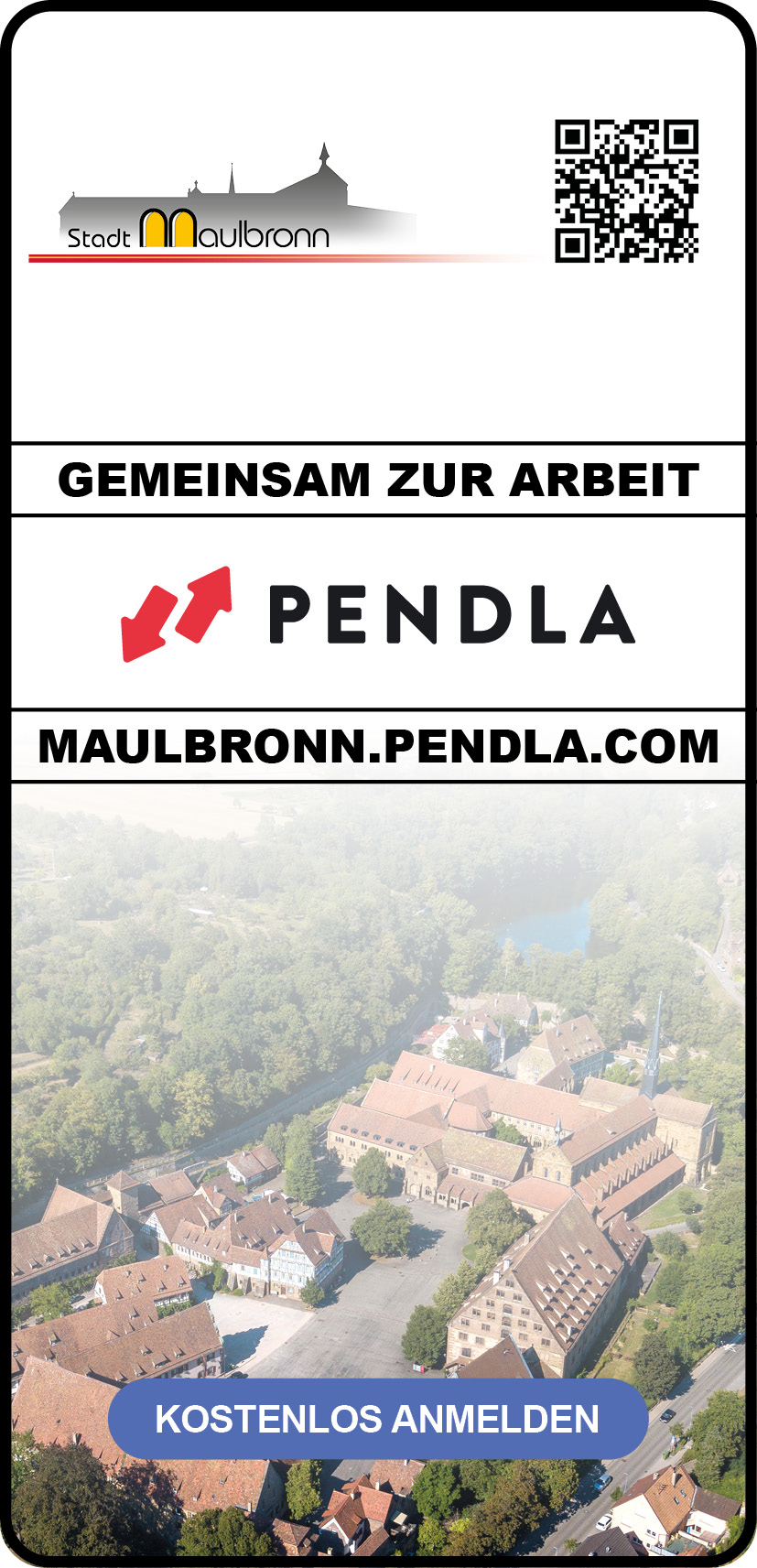 Screenshot der PENDLA App mit Luftbild Maulbronn, Schriftzug PENDLA und Anmeldebutton