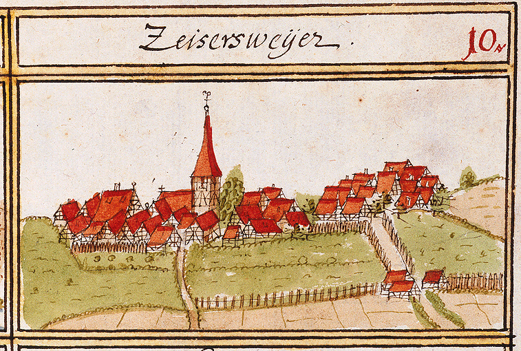  Ortsansicht von Zaisersweiher, Aquarell aus den Forstlagerbüchern von Andreas Kieser, 1683/84 (Hauptstaatsarchiv Stuttgart) 