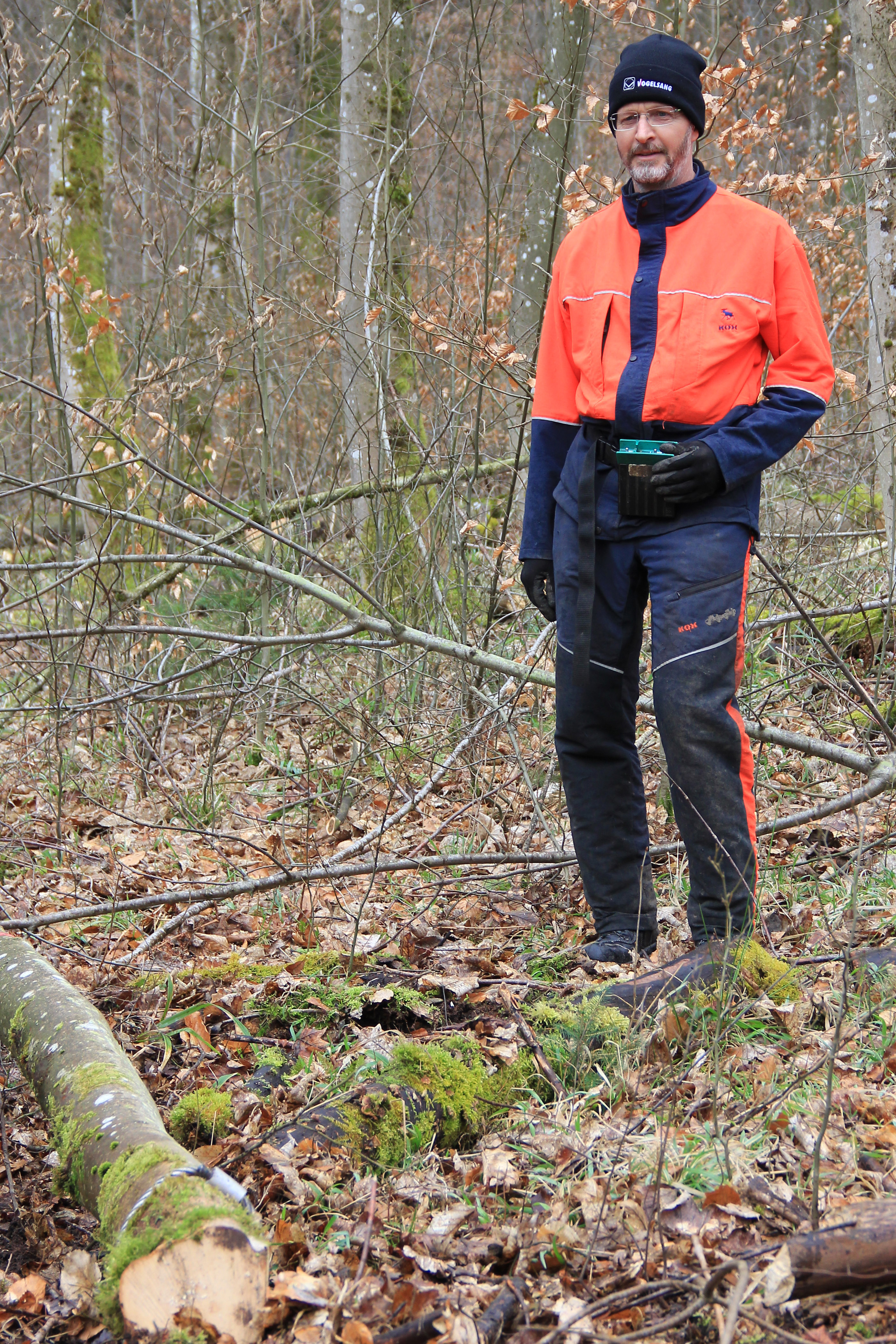  Waldarbeiter mit Fernsteuerung für die Seilwinde im Wald 