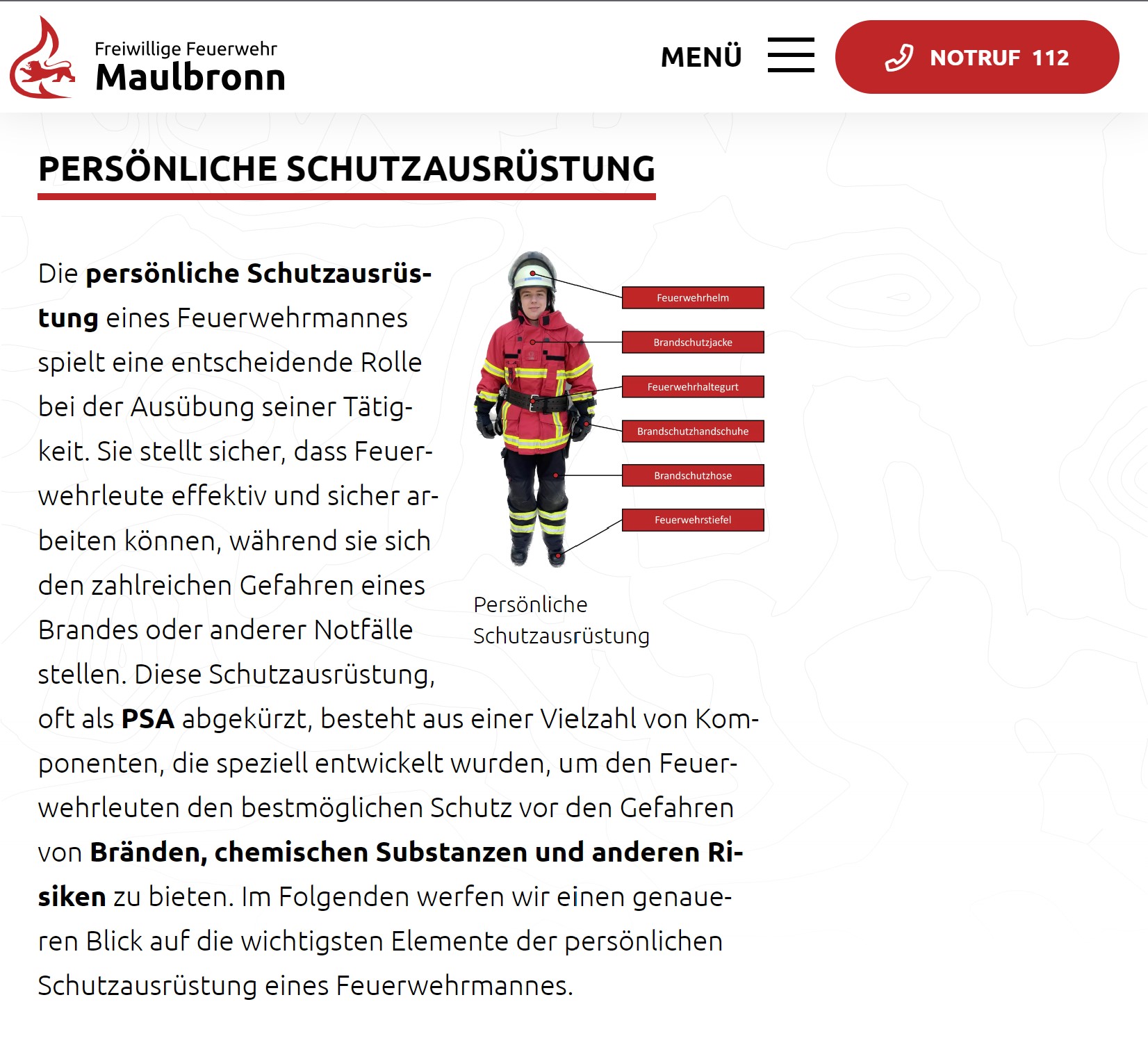 Screenshot der Infoseite Ausstattung eines Feuerwehrmanns