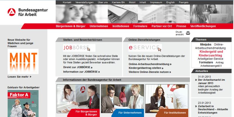  Screenshot der Homepage der Agentur für Arbeit 