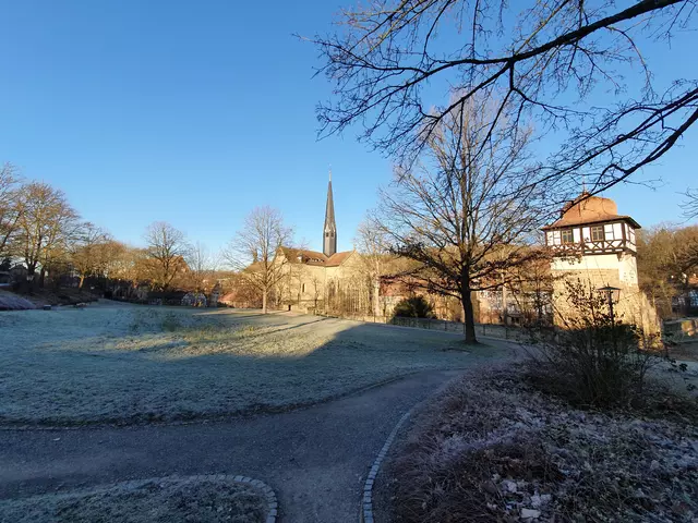 Faustturm und Kloster von Osten im Winter mit frostbedeckten Wiesen